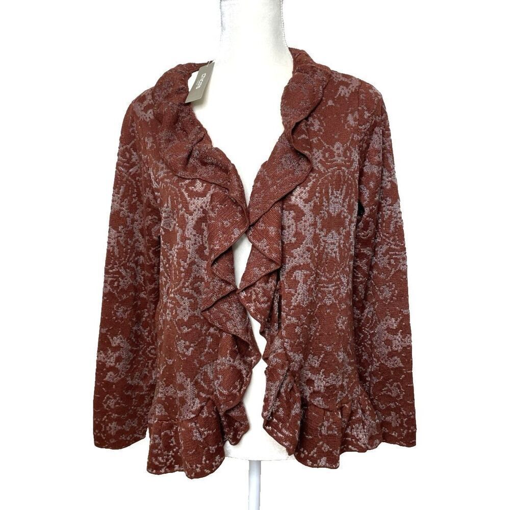New Chico's Size 1 S Burnout Cardigan jacket Mahogany Knit Ruffle soft knit $109